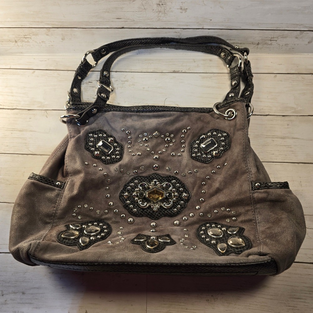 VTG Y2K Kathy Van Zeeland Grey Faux Suede Rhinestone Studded Shoulder Bag